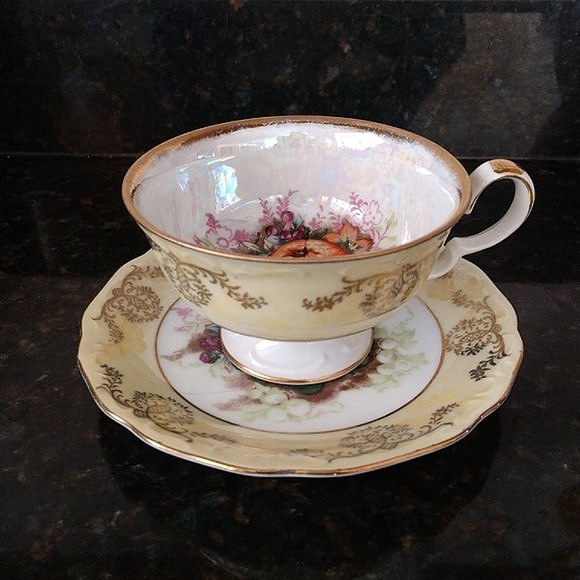 LUSTERWARE FINISH FRUIT PATTERN ROYAL HALSEY FINE CHINA FOOTED TEA CUP SET 1950 - Picture 2 of 14